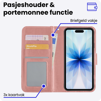 iPhone 17 Hoesje Bookcase Cover met Kaarthouder - Rosé goud