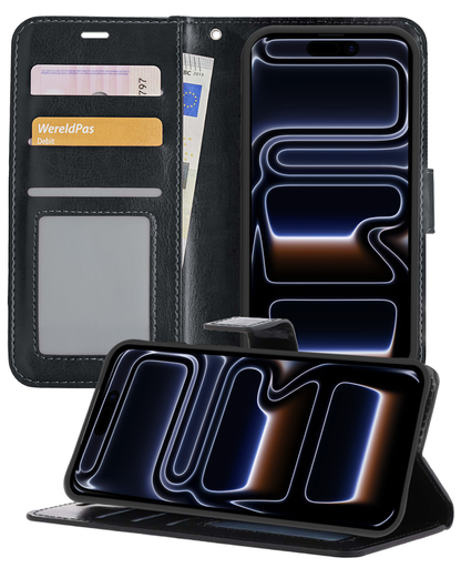 iPhone 17 Pro Max Hoesje Bookcase Cover met Kaarthouder - Zwart