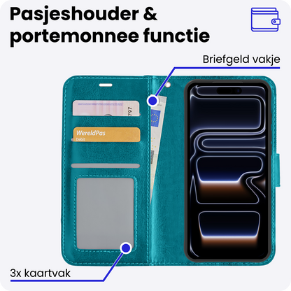 iPhone 17 Pro Hoesje Bookcase Cover met Kaarthouder - Turquoise
