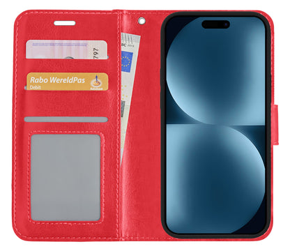 iPhone 15 Plus Hoesje Bookcase Cover met Kaarthouder - Rood