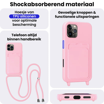 iPhone 16 Pro Hoesje Met Telefoonkoord en Pasjeshouder Siliconen - Lichtroze