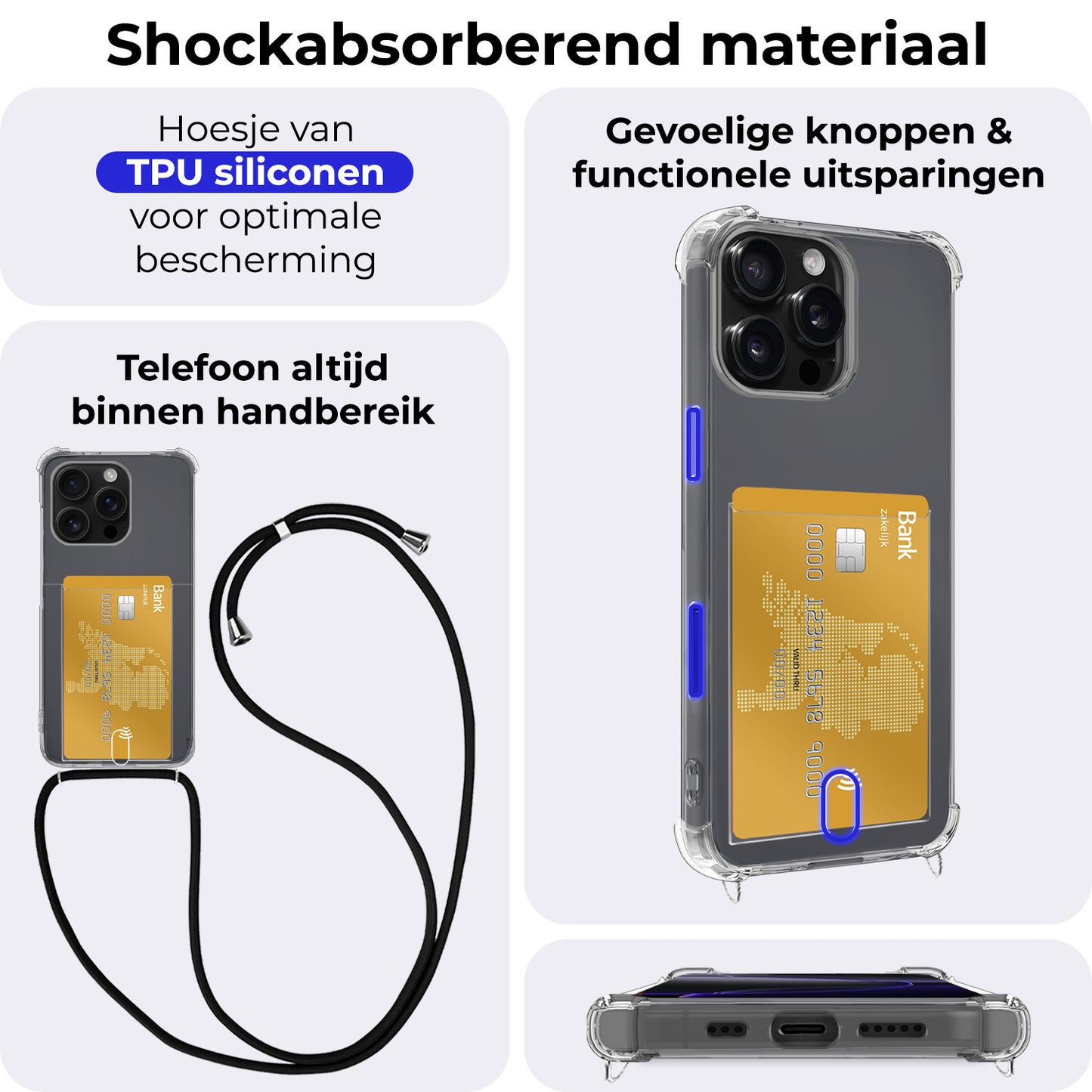 iPhone 16 Pro Max Hoesje Met Pashouder en Koord - Transparant