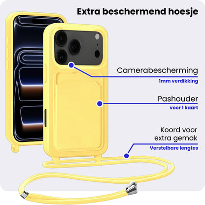 iPhone 17 Pro Hoesje Met Telefoonkoord en Pasjeshouder Siliconen - Geel