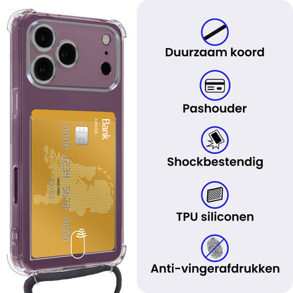 iPhone 18 Pro Hoesje Kaarthouder met Koord Backcover Shockproof - Transparant