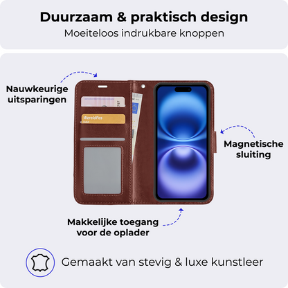 iPhone 16 Hoesje Bookcase Cover met Kaarthouder - Bruin