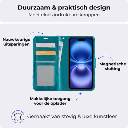 iPhone 16 Plus Hoesje Bookcase Cover met Kaarthouder - Turquoise