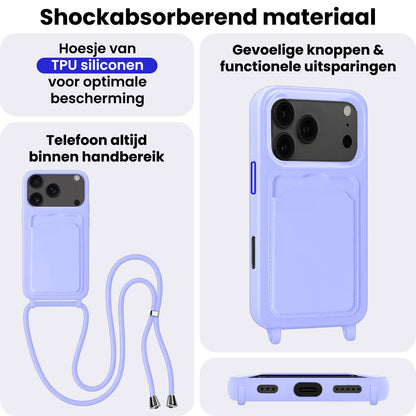iPhone 17 Pro Hoesje Met Telefoonkoord en Pasjeshouder Siliconen - Lila