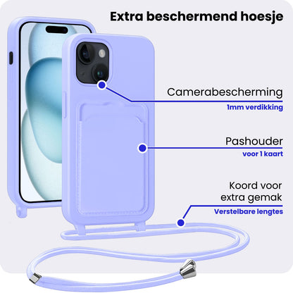 iPhone 15 Hoesje Met Telefoonkoord en Pasjeshouder Siliconen - Lila