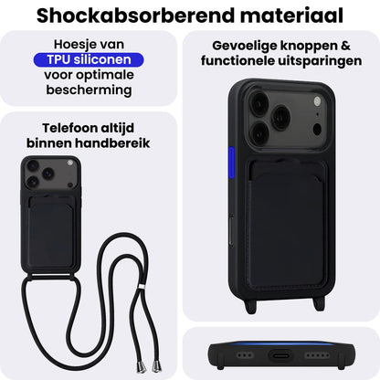 iPhone 17 Pro Max Hoesje Met Telefoonkoord en Pasjeshouder Siliconen - Zwart