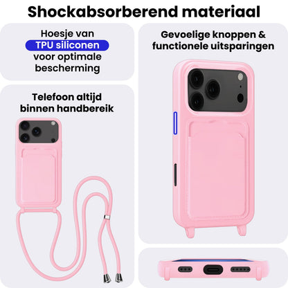 iPhone 17 Pro Max Hoesje Met Telefoonkoord en Pasjeshouder Siliconen - Lichtroze