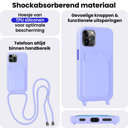 iPhone 13 Pro Hoesje Met Telefoonkoord en Pasjeshouder Siliconen - Lila