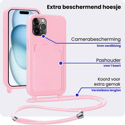 iPhone 15 Pro Hoesje Met Telefoonkoord en Pasjeshouder Siliconen - Lichtroze