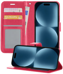 iPhone 15 Hoesje Bookcase Cover met Kaarthouder - Donkerroze