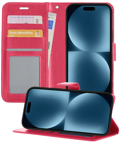 iPhone 15 Hoesje Bookcase Cover met Kaarthouder - Donkerroze