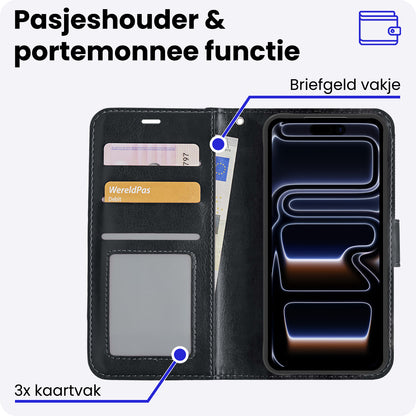 iPhone 17 Pro Hoesje Bookcase Cover met Kaarthouder - Zwart