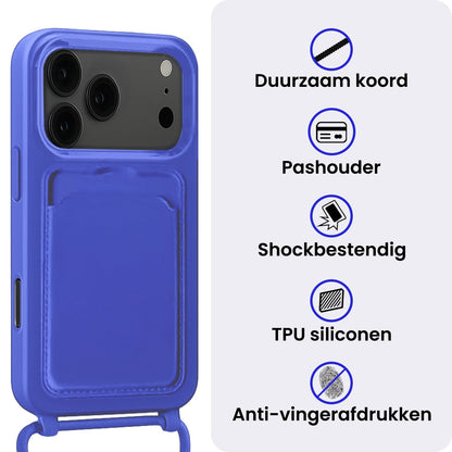 iPhone 17 Pro Hoesje Met Telefoonkoord en Pasjeshouder Siliconen - Felblauw