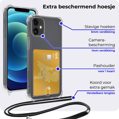 iPhone 11 Hoesje Kaarthouder met Koord Backcover Shockproof - Transparant