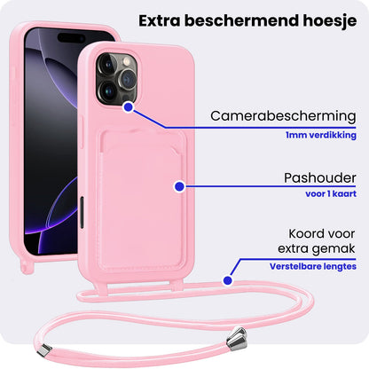 iPhone 16 Pro Max Hoesje Met Telefoonkoord en Pasjeshouder Siliconen - Lichtroze