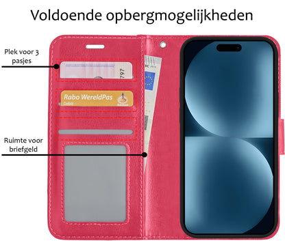 iPhone 15 Hoesje Bookcase Cover met Kaarthouder - Donkerroze