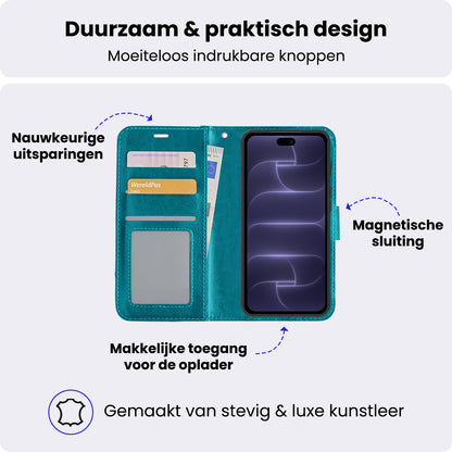 iPhone 18 Pro Max Hoesje Bookcase Cover met Kaarthouder - Turquoise
