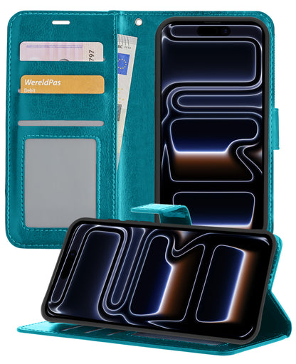 iPhone 17 Pro Max Hoesje Bookcase Cover met Kaarthouder - Turquoise