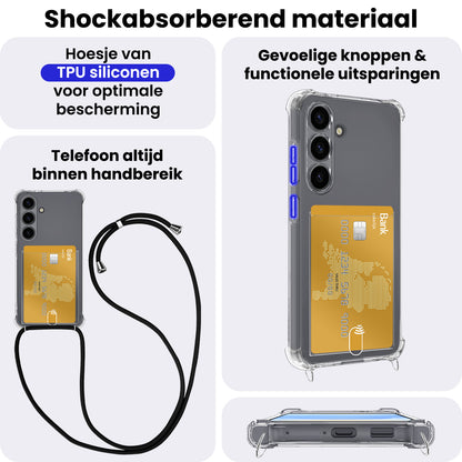 Samsung S25 Hoesje Kaarthouder met Koord Backcover Shockproof - Transparant