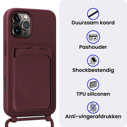 iPhone 16 Pro Hoesje Met Telefoonkoord en Pasjeshouder Siliconen - Aubergine