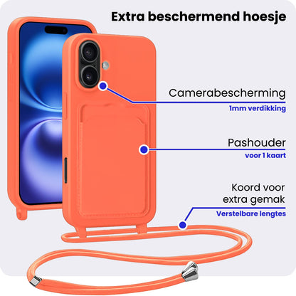 iPhone 16 Hoesje Met Telefoonkoord en Pasjeshouder Siliconen - Papaya