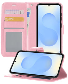 Samsung S25 Hoesje Bookcase Cover met Kaarthouder - Lichtroze