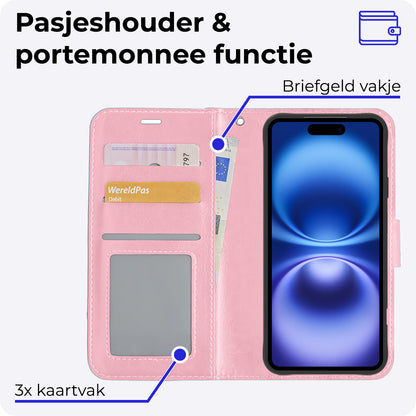 iPhone 16 Plus Hoesje Bookcase Cover met Kaarthouder - Lichtroze