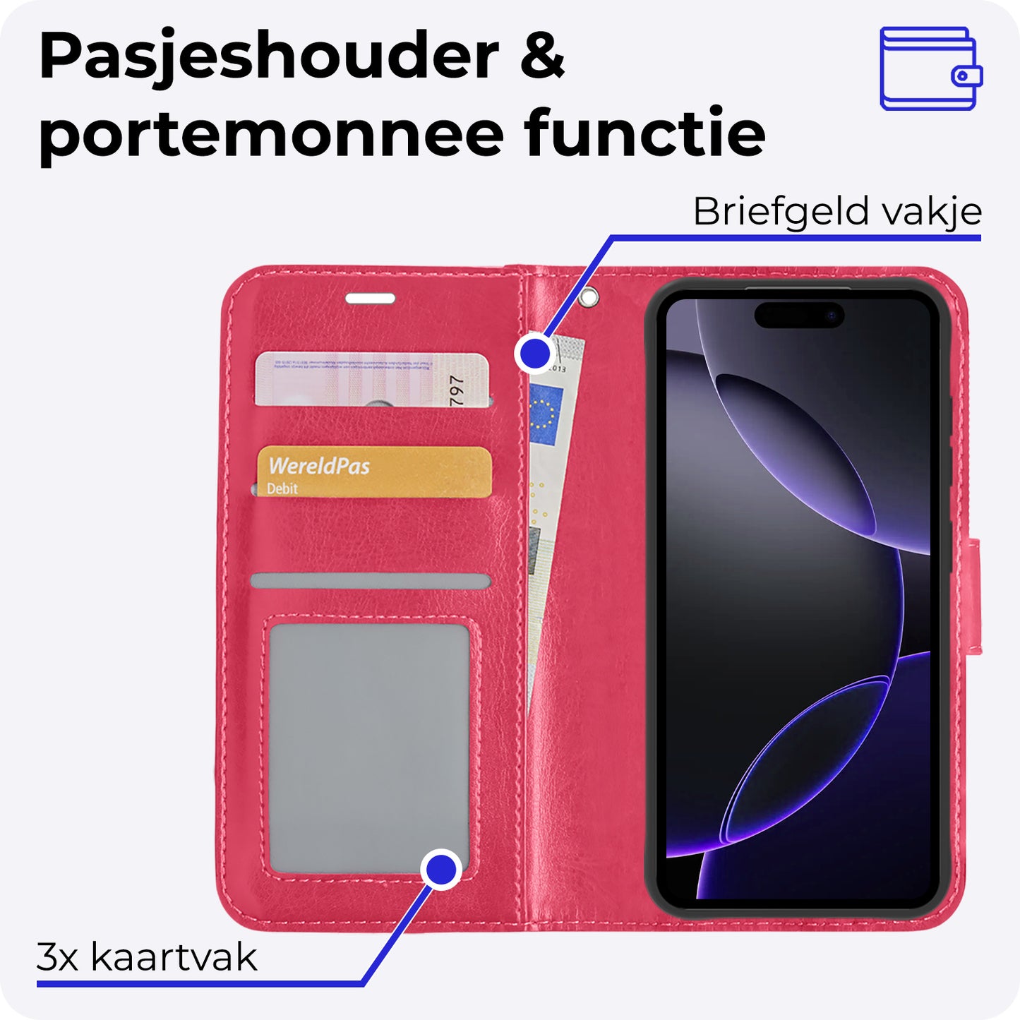 iPhone 16 Pro Hoesje Book Case Kunstleer - Donkerroze