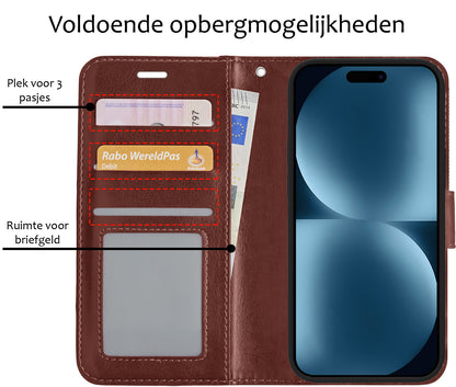 iPhone 15 Hoesje Bookcase Cover met Kaarthouder - Bruin