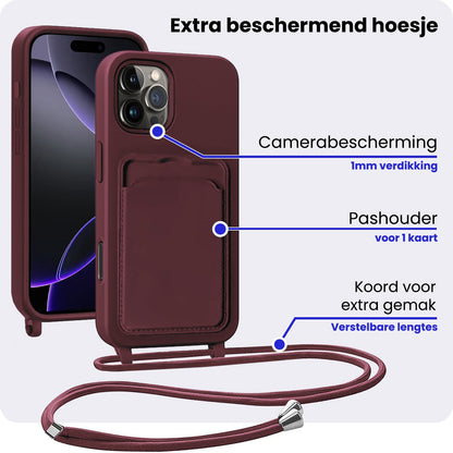 iPhone 16 Pro Hoesje Met Telefoonkoord en Pasjeshouder Siliconen - Aubergine