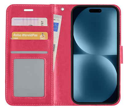 iPhone 15 Pro Max Hoesje Bookcase Cover met Kaarthouder - Donkerroze