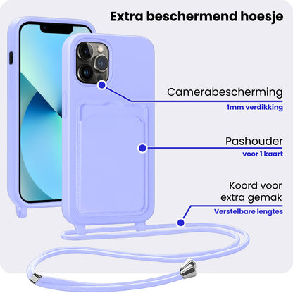 iPhone 13 Pro Max Hoesje Met Telefoonkoord en Pasjeshouder Siliconen - Lila