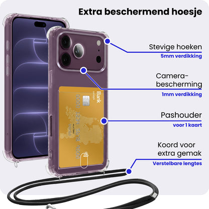 iPhone 18 Pro Max Hoesje Kaarthouder met Koord Backcover Shockproof - Transparant