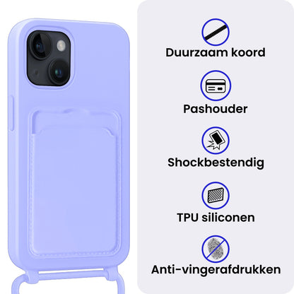 iPhone 13 Hoesje Met Telefoonkoord en Pasjeshouder Siliconen - Lila