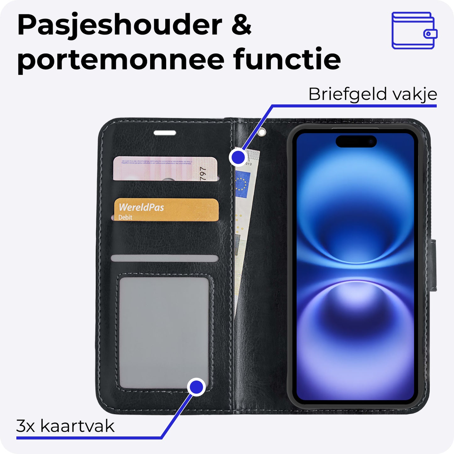 iPhone 16 Plus Hoesje Book Case Kunstleer - Zwart