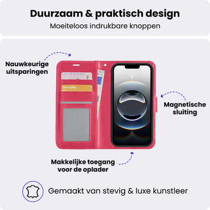 iPhone 16e Hoesje Bookcase Cover met Kaarthouder - Donkerroze