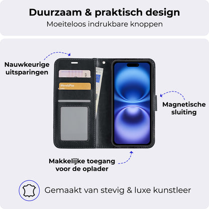 iPhone 16 Hoesje Bookcase Cover met Kaarthouder - Zwart