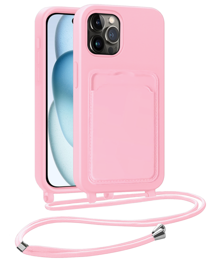 iPhone 14 Pro Hoesje Met Telefoonkoord en Pasjeshouder Siliconen - Lichtroze