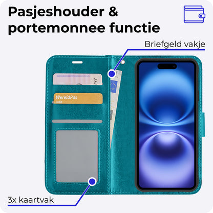 iPhone 16 Hoesje Bookcase Cover met Kaarthouder - Turquoise