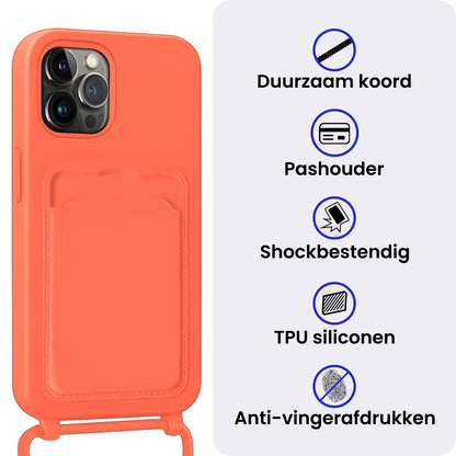 iPhone 13 Pro Hoesje Met Telefoonkoord en Pasjeshouder Siliconen - Papaya