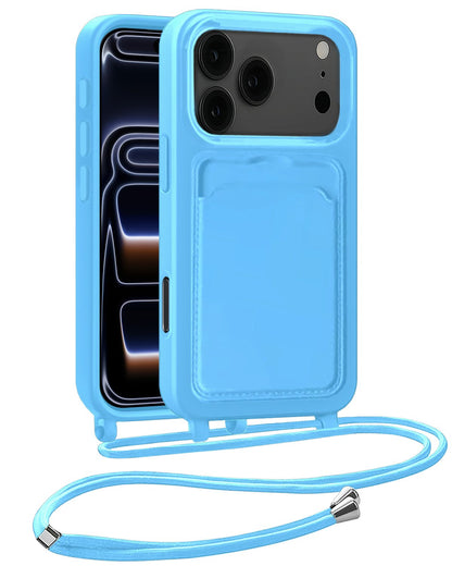 iPhone 17 Pro Max Hoesje Met Telefoonkoord en Pasjeshouder Siliconen - Lichtblauw