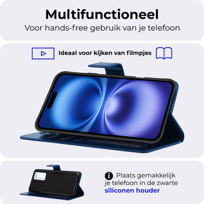 iPhone 16 Plus Hoesje Bookcase Cover met Kaarthouder - Donkerblauw