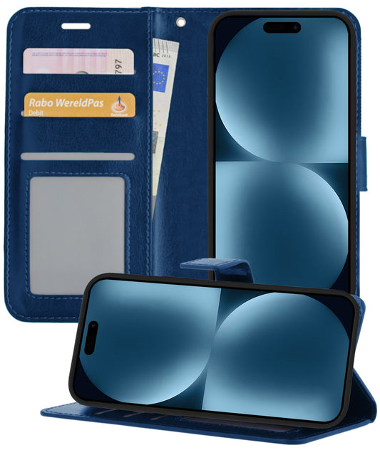 iPhone 15 Pro Hoesje Book Case Kunstleer - Donkerblauw