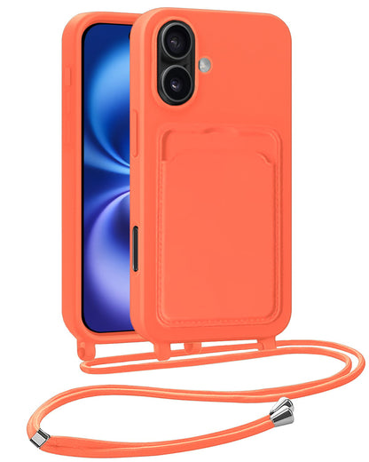 iPhone 16 Hoesje Met Telefoonkoord en Pasjeshouder Siliconen - Papaya