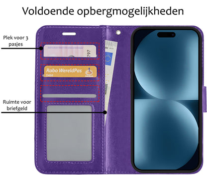 iPhone 15 Hoesje Bookcase Cover met Kaarthouder - Paars
