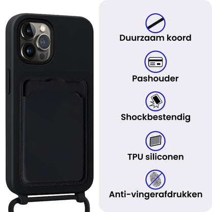 iPhone 15 Pro Max Hoesje Met Telefoonkoord en Pasjeshouder Siliconen - Zwart
