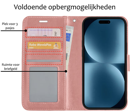 iPhone 15 Plus Hoesje Bookcase Cover met Kaarthouder - Rosé goud